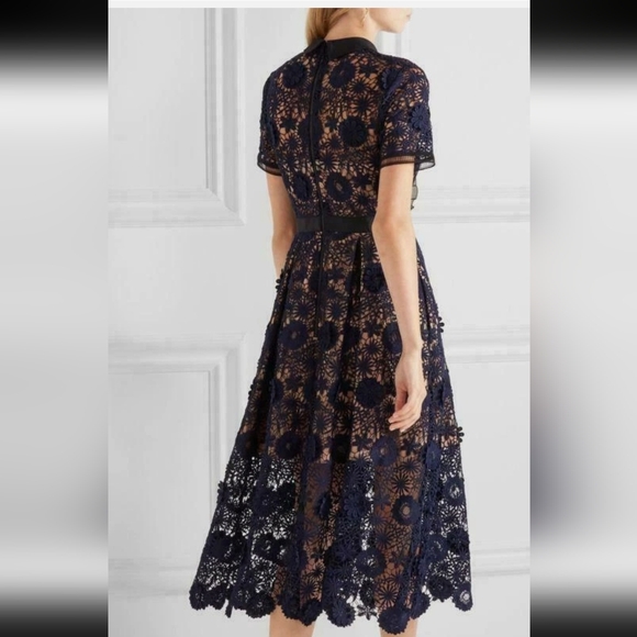 Few Moda NY hollow transparent cotton Elegant Navy Lace Black Trim Midi Dress - Picture 2 of 14